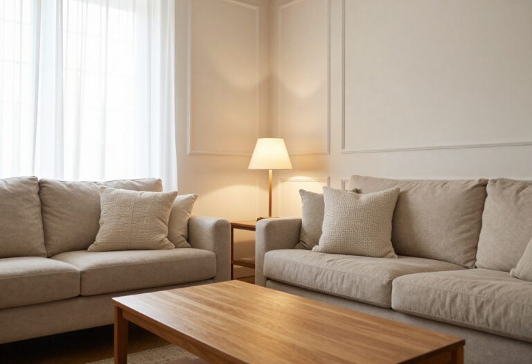 Cozy living room with white wall moulding panels, beige sofa, and warm lighting