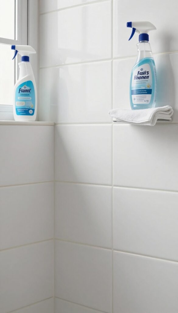 Clean tile shower wall with commercial cleaner spray bottle and microfiber cloth