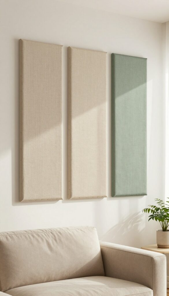 Fabric-covered wall panels in soft linen texture with nailhead trim behind a sofa in a bright living room