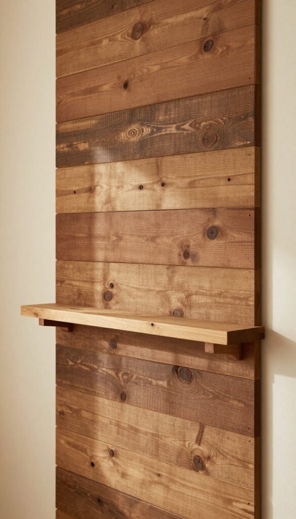 Close-up of reclaimed wood plank wall with rustic texture and shelf in small living room