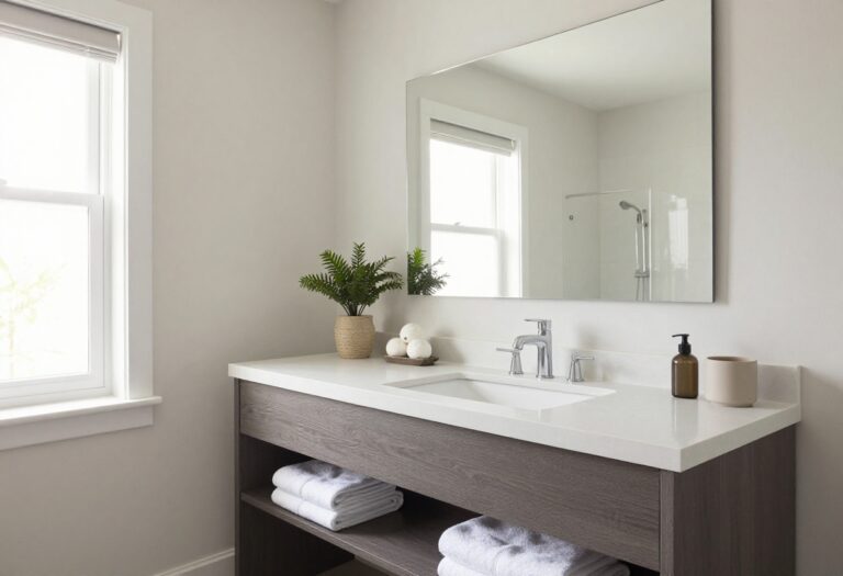 Clean and organized family bathroom with natural light
