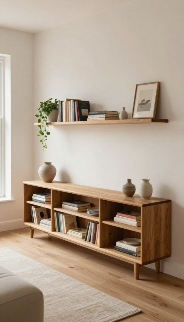 Slim open bookcase used as a room divider in a tiny living room, with daylight flowing through and styled shelves on both sides.
