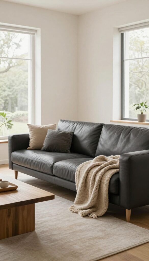 Low-profile leather sofa in charcoal with chunky knit throw and rounded pillows in a bright, open living room.