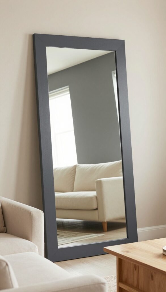Small living room with a deep matte charcoal accent wall, large leaning mirror, cream sofa, and pale wood coffee table, bright natural light.