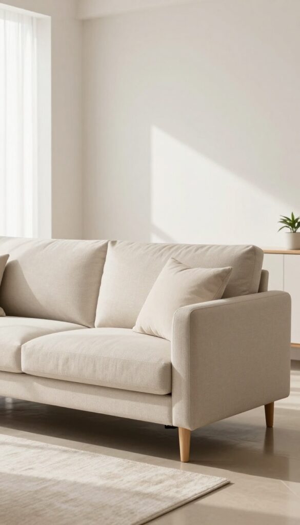 Low-profile beige sofa with exposed legs in a bright living room, floating away from wall with console table behind