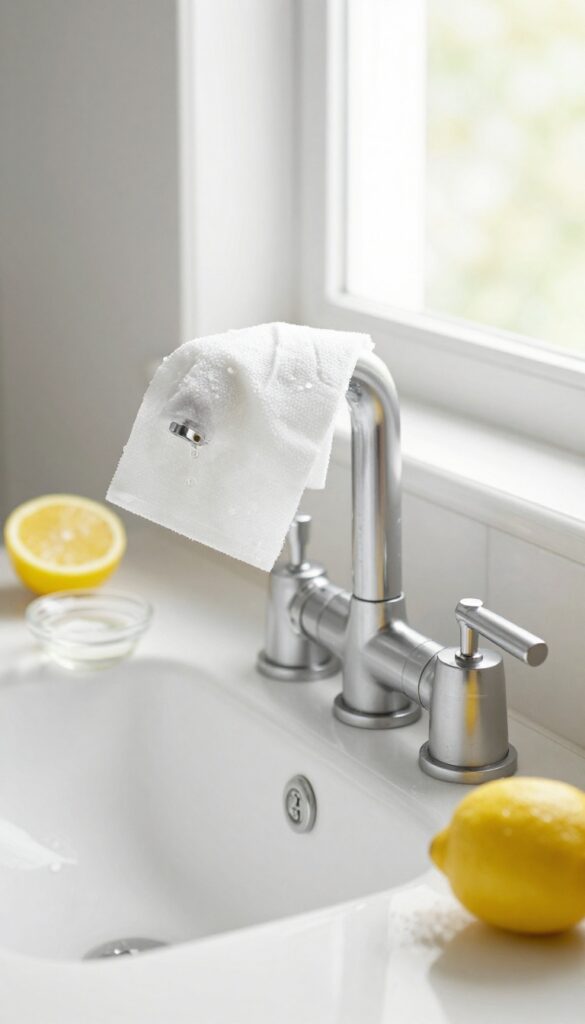 Descaling bathroom faucet with vinegar-soaked paper towels and lemon