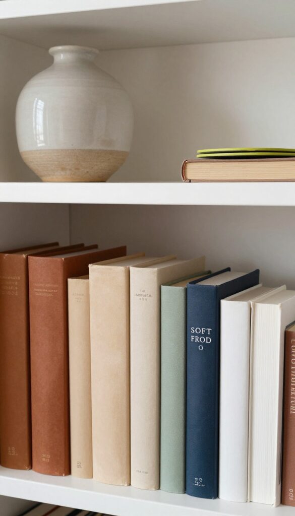 Color-coordinated bookshelf display with books arranged by spine color in gradient, neutral shelf, ceramic vase and coasters as decor, bright natural light.