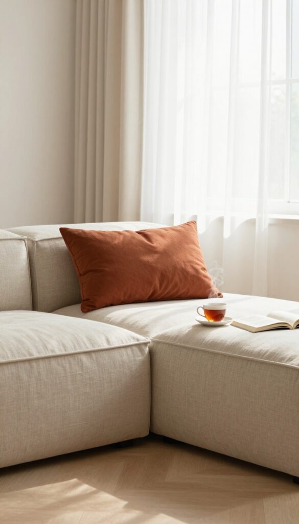 Two storage ottomans under a window create a cozy window seat with a cushion and lumbar pillow, bright natural light.