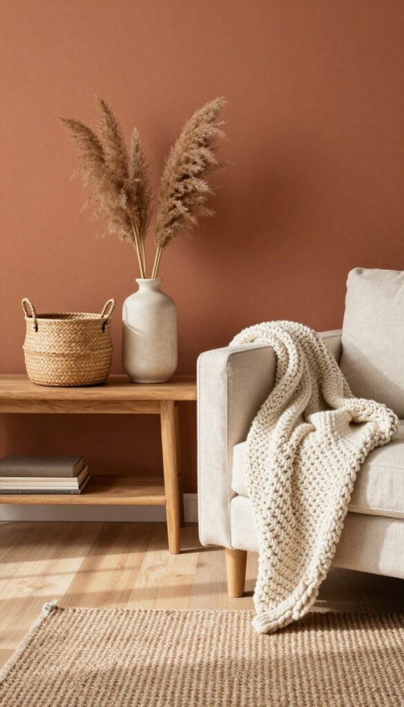 Warm terracotta accent wall in a cozy living room with natural textures and soft lighting