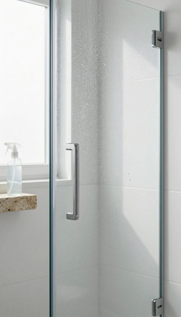 Shower walls and glass door with spray bottle after using daily shower spray