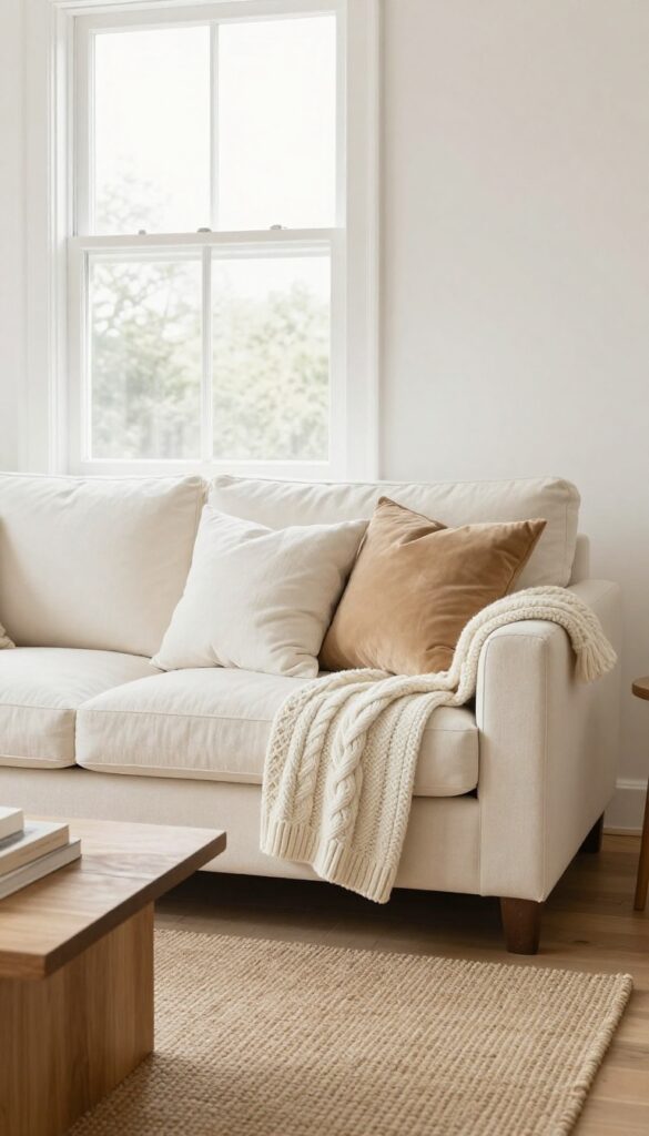 Cream living room with layered thrifted textures: chunky knit throw, jute rug, and linen cushions on a cream sofa.