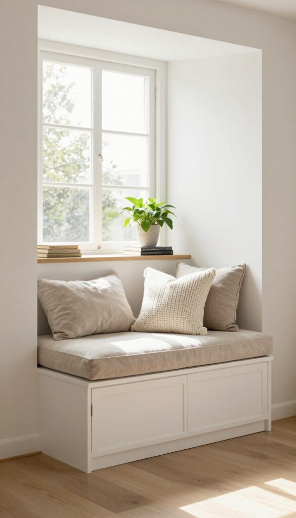 Cozy window seat with storage in a bright living room alcove