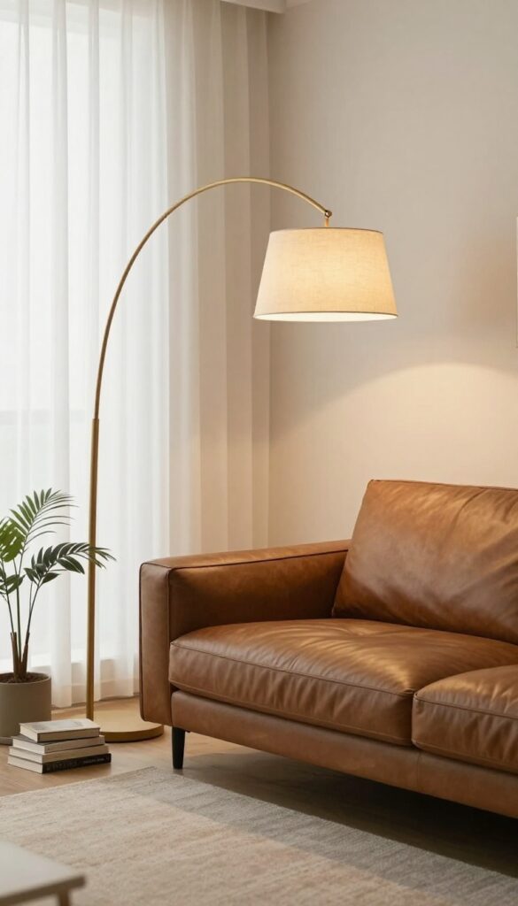 Small living room with brown couch and tall arc floor lamp creating vertical interest