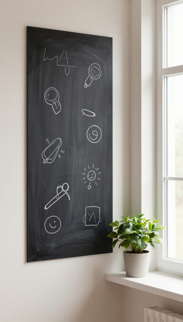 Small living room with a chalkboard accent wall, white chalk doodles, and a plant on a shelf, bright natural light.