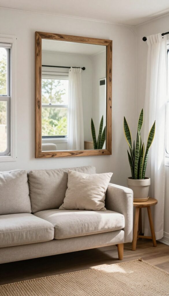 A large mirror with a weathered wood frame reflects sunlight from a window in a narrow trailer living room, making the space feel brighter and more spacious.
