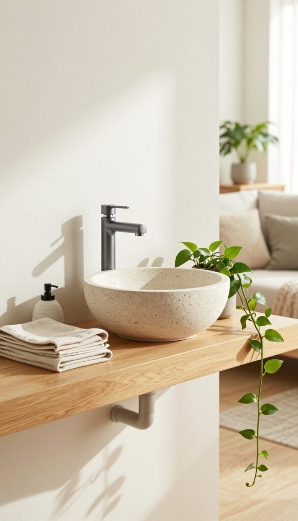 Floating shelf sink with hidden plumbing in a bright living room, featuring a stone basin, folded towel, soap dispenser, and trailing pothos plant.