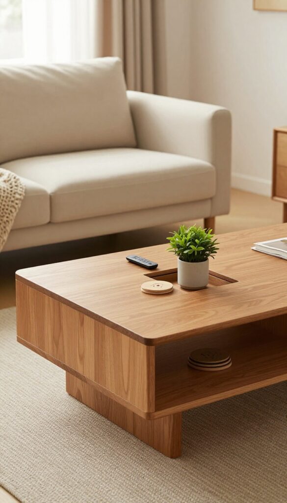 Lift-top coffee table with hidden storage in a cozy small living room