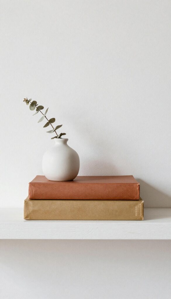 Stacked books with a single ceramic vase on top on a narrow wall shelf, warm earthy colors, soft natural light