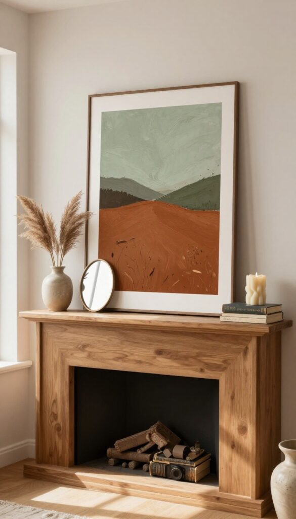 Layered art on a mantel with frames, mirror, vase, books, and candle in a cozy living room