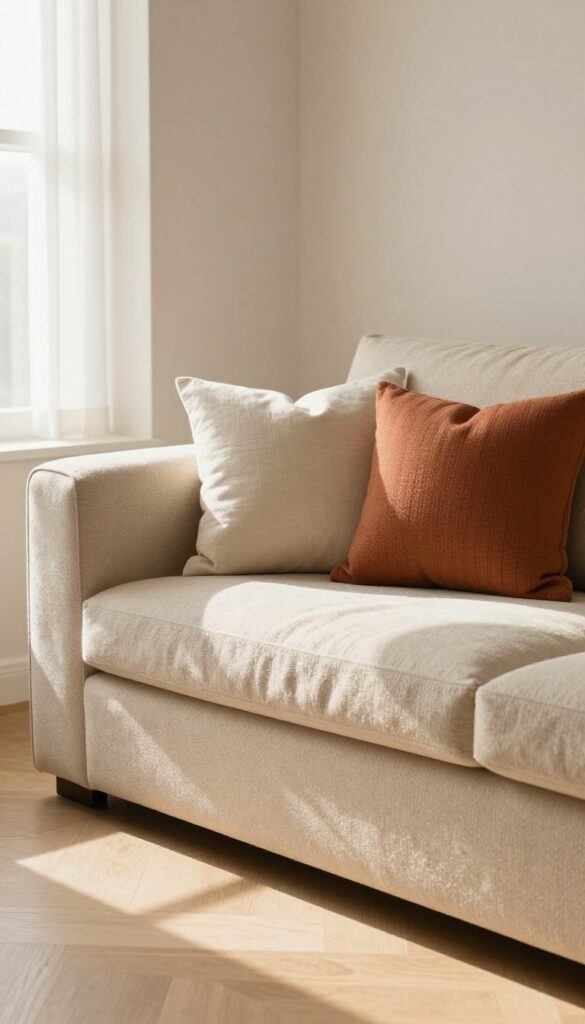 Close-up of a textured beige bouclé sofa with cream and terracotta pillows in a small, bright living room