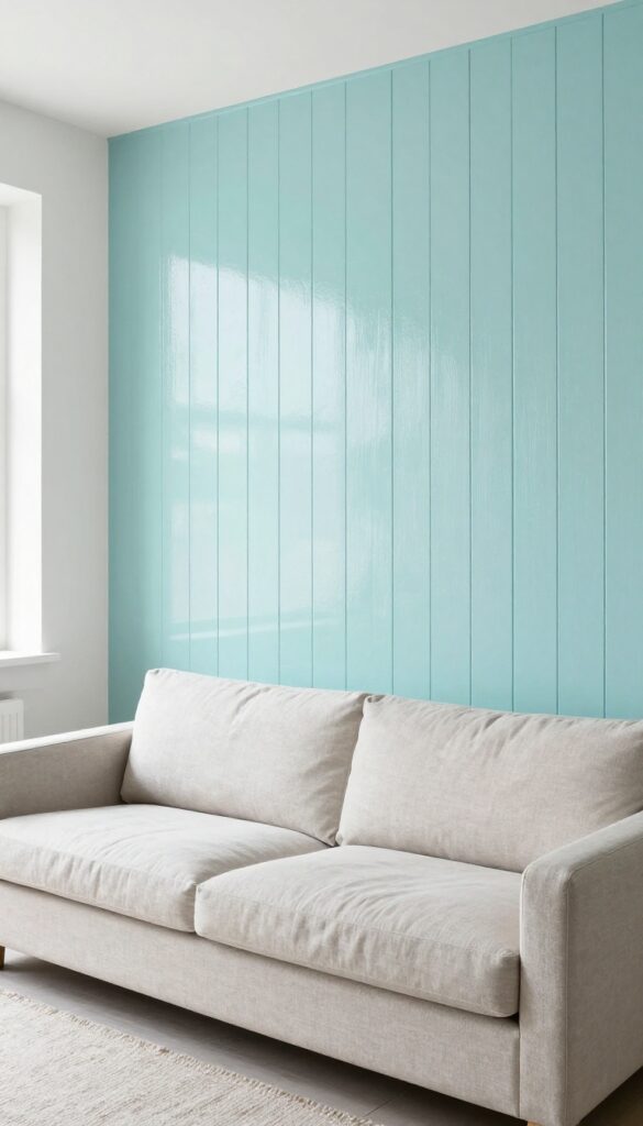 Small living room with glossy pale aqua shiplap accent wall reflecting light, linen sofa, and wool rug