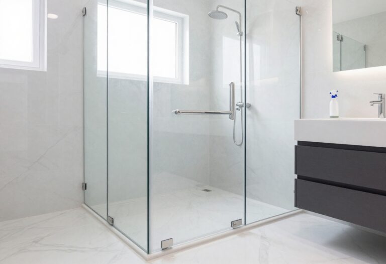 Sparkling clean shower with no hard water stains or soap scum, featuring glass doors and chrome fixtures.