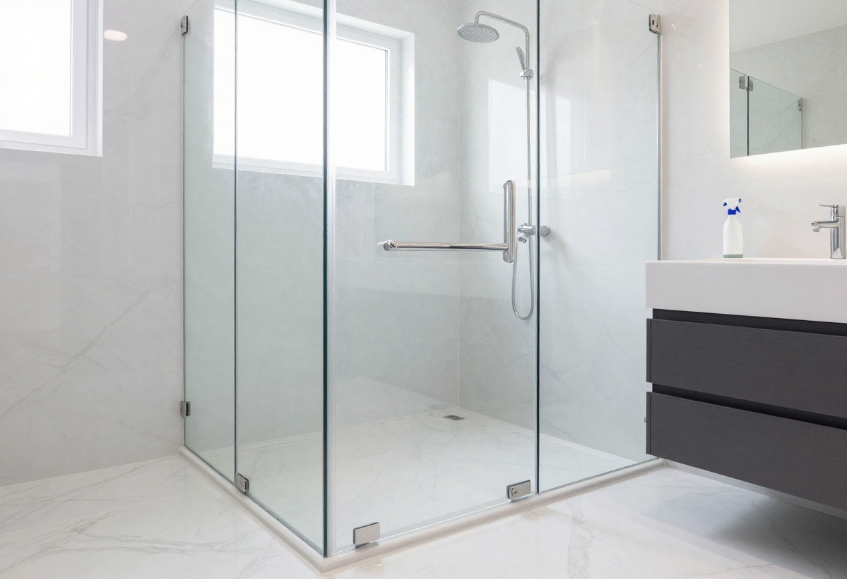 Sparkling clean shower with no hard water stains or soap scum, featuring glass doors and chrome fixtures.