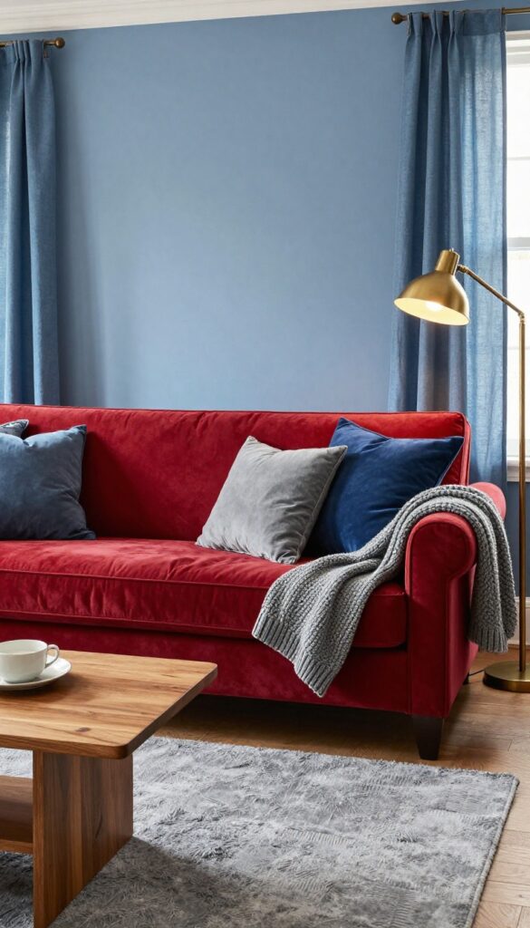 Cozy living room with red couch, navy and gray accents, blue wall, wood coffee table, brass lamp, natural light.