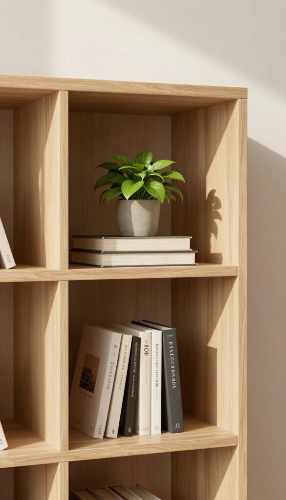 Living room bookshelf with books stacked horizontally and vertically, a small plant on a horizontal stack, warm natural light.
