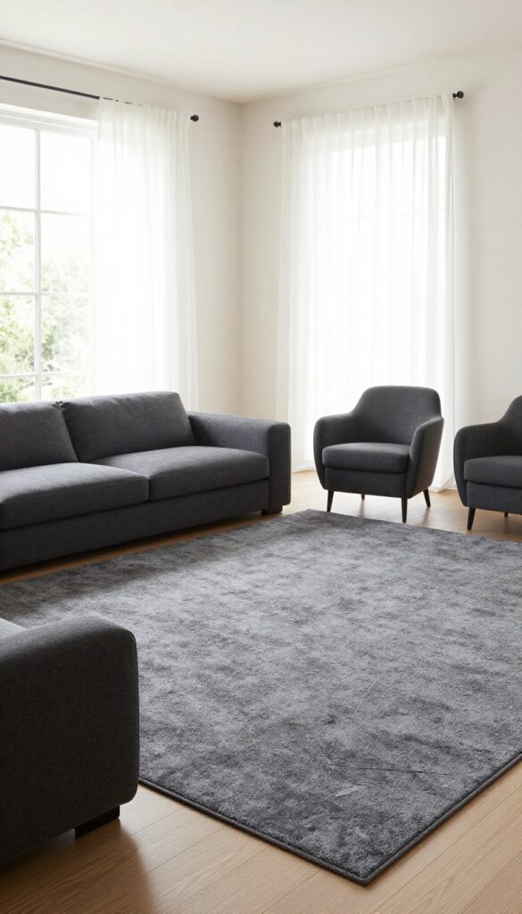 Moody living room with large slate rug defining seating area, modern furniture, cozy lighting