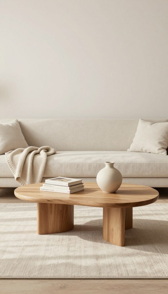 Modern living room with sculptural oak coffee table, books, and ceramic vase on neutral rug, cozy layered decor