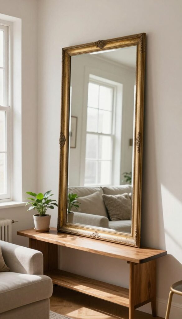 Vintage mirror leaning against wall reflecting light in bright living room