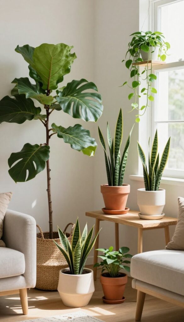Cozy living room with abundant potted plants, natural light, and warm decor