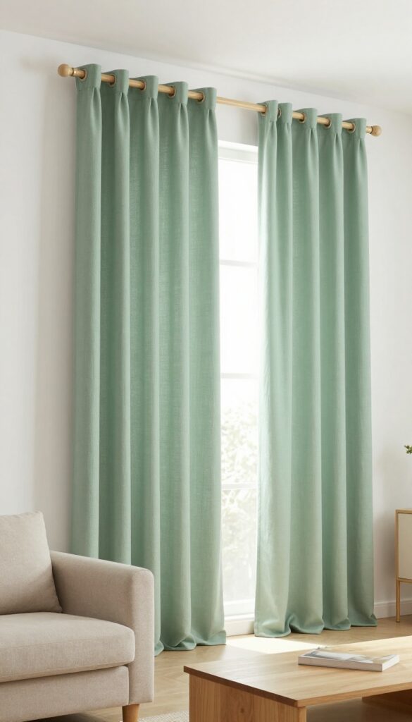 Sage green linen curtains framing a window in a bright living room with white walls and natural light.