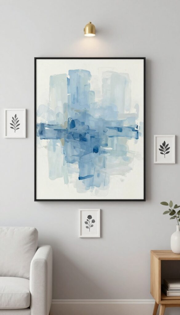 Large-scale abstract art and a tight grid of botanical prints on a pale gray wall, with a small picture light, in a small living room.