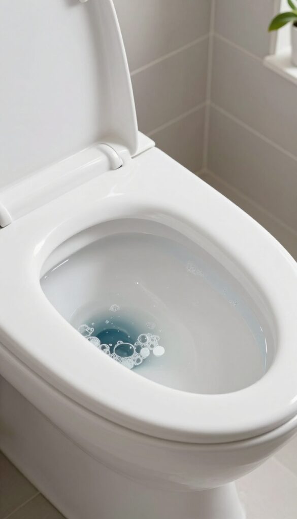 Denture tablets fizzing in a clean toilet bowl, demonstrating an overnight cleaning hack.