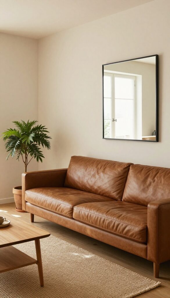 Small living room with brown couch and large mirror reflecting light from window, creating a bright and airy feel.