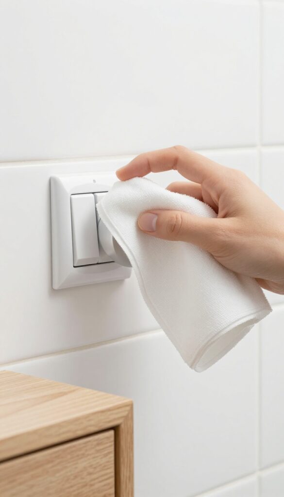 Disinfecting high-touch bathroom surfaces like light switch and doorknob with spray and cloth