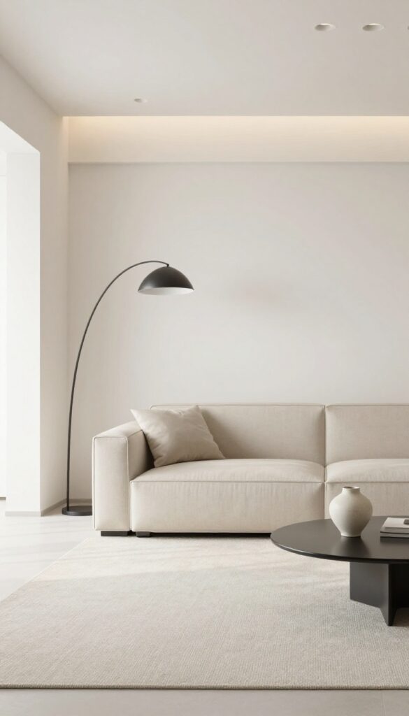 Modern living room with layered lighting on dimmers, featuring a floor lamp, table lamp, and recessed lights creating a warm, inviting atmosphere.