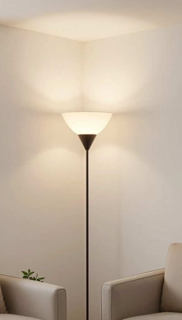 A tall slim corner floor lamp brightens a dark corner in a small living room, with warm light bouncing off walls and ceiling.