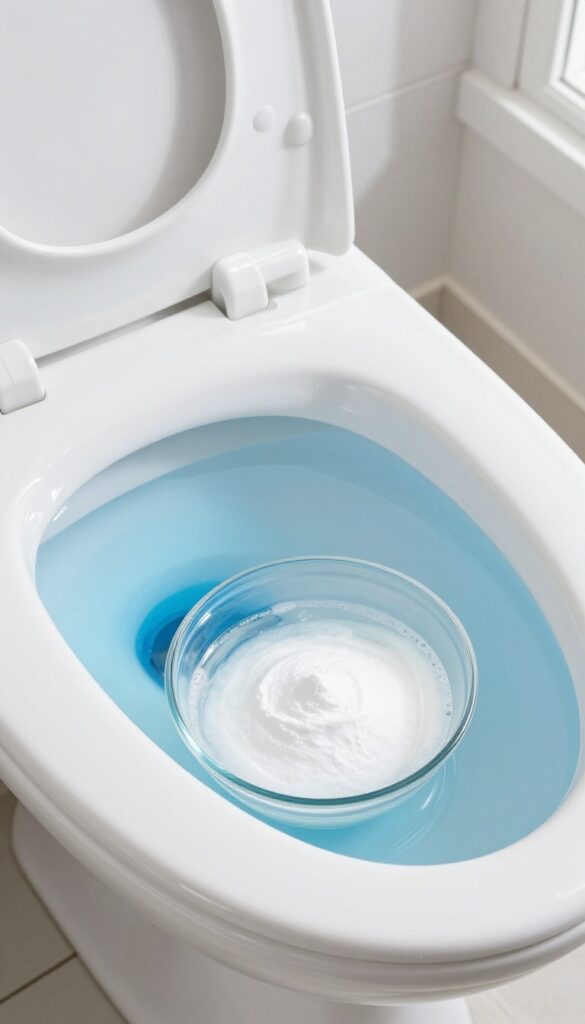 Toilet tank with vinegar and borax soak for deep cleaning