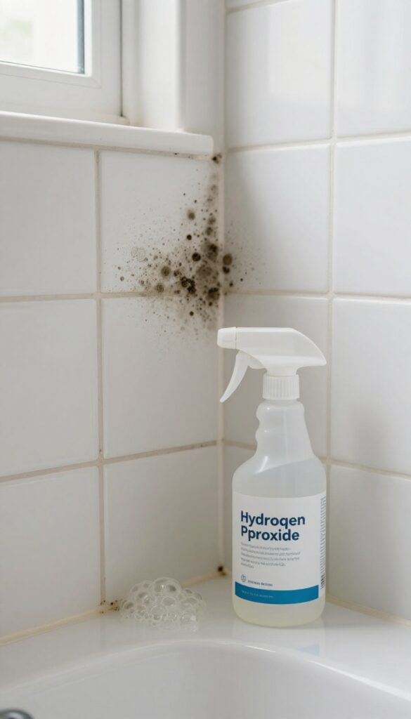 Hydrogen peroxide spray bottle near moldy shower grout