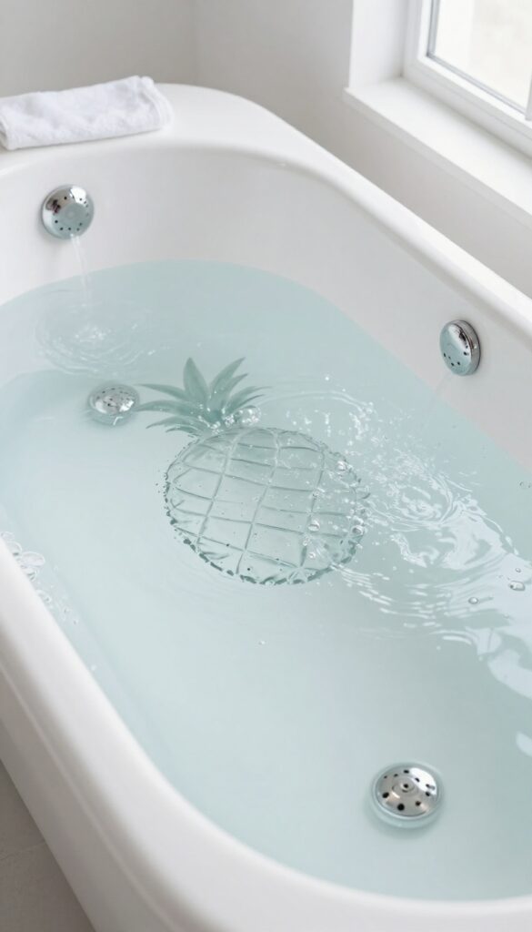 A clean white jetted bathtub with cold water running through the jets, creating ripples and bubbles, with a microfiber cloth on the edge.
