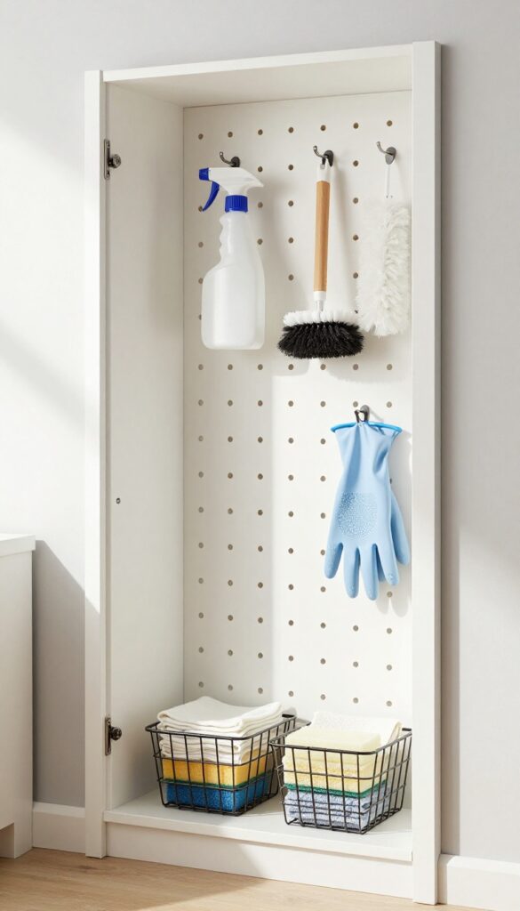 Cleaning closet with pegboard organizing spray bottles, brushes, and gloves