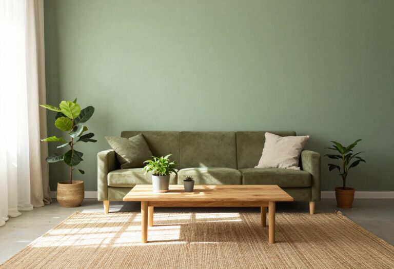 Warm green living room with sage wall, olive sofa, plants, and natural light