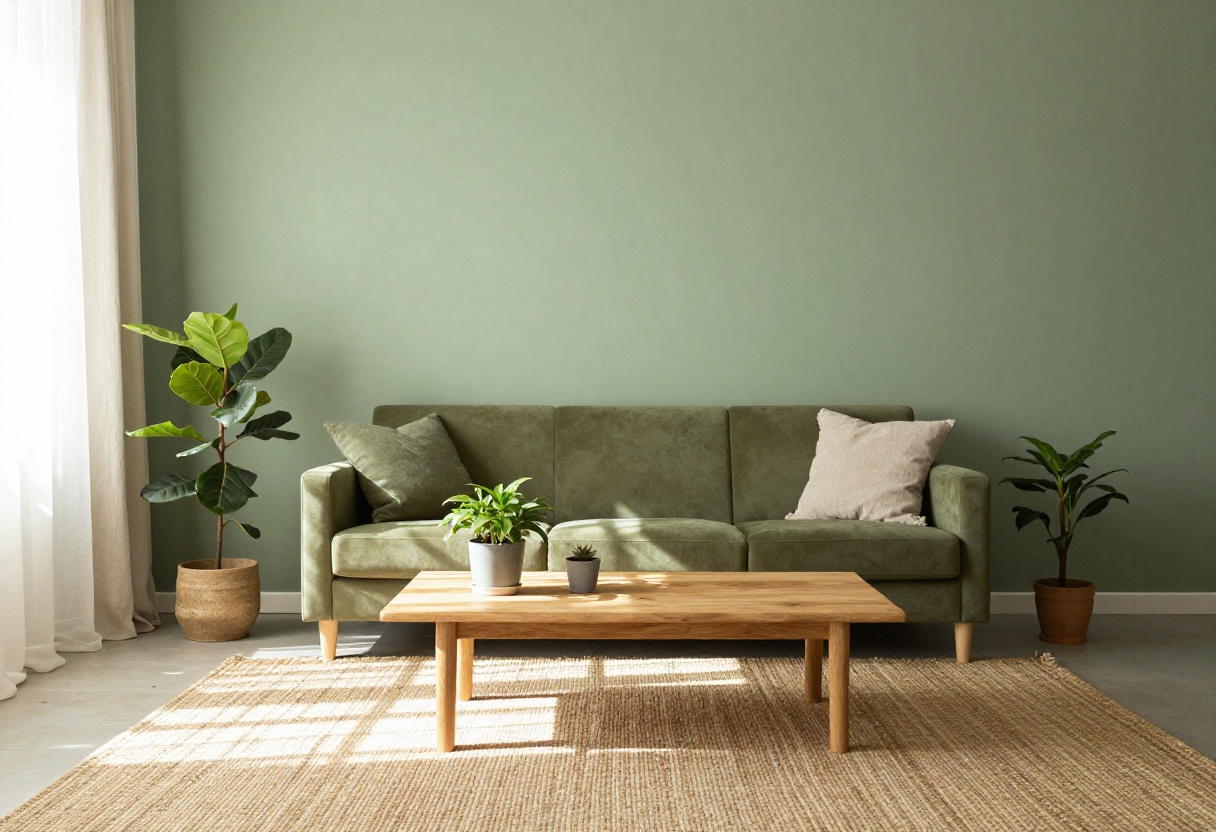 Warm green living room with sage wall, olive sofa, plants, and natural light