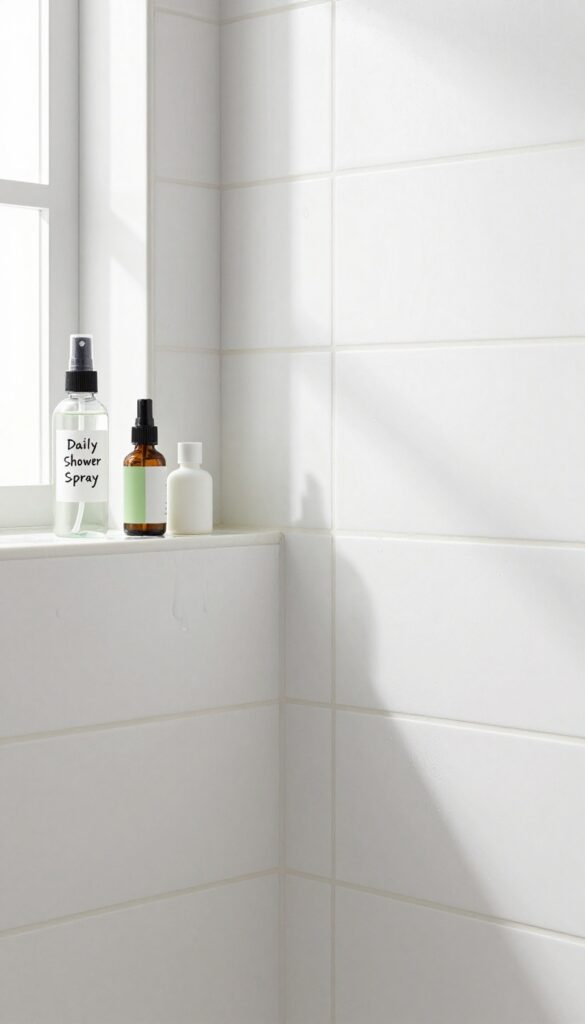 Clean shower grout with daily spray bottle and natural cleaning products