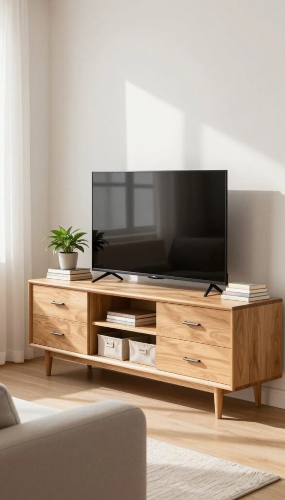 Low light-wood dresser used as TV stand in small studio apartment, with TV, plant, books, and fabric bins, bright natural light.