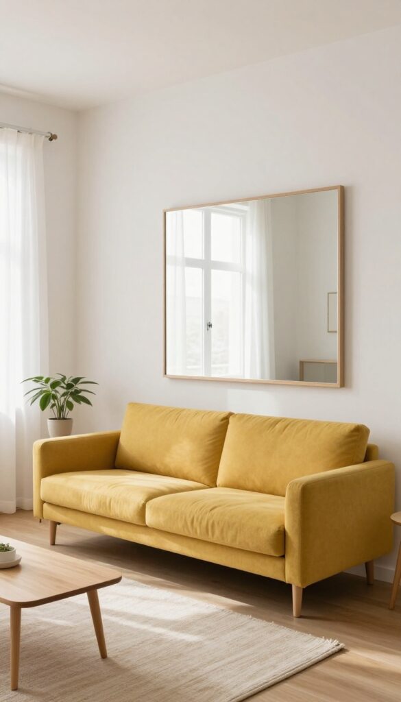 Small living room with pale walls and a mustard sofa, featuring a mirror and sheer curtains for an airy feel.