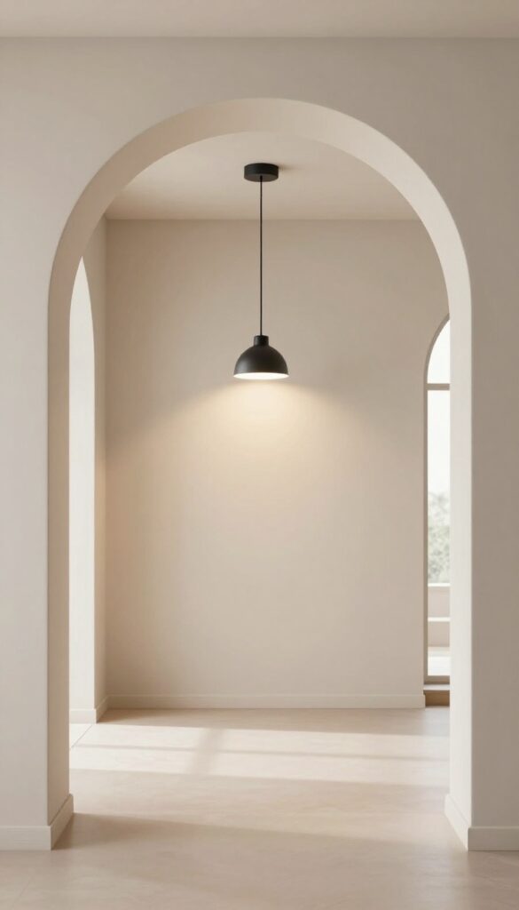 Modern living room archway with a statement pendant light centered in the opening, warm lighting, clean and bright interior.